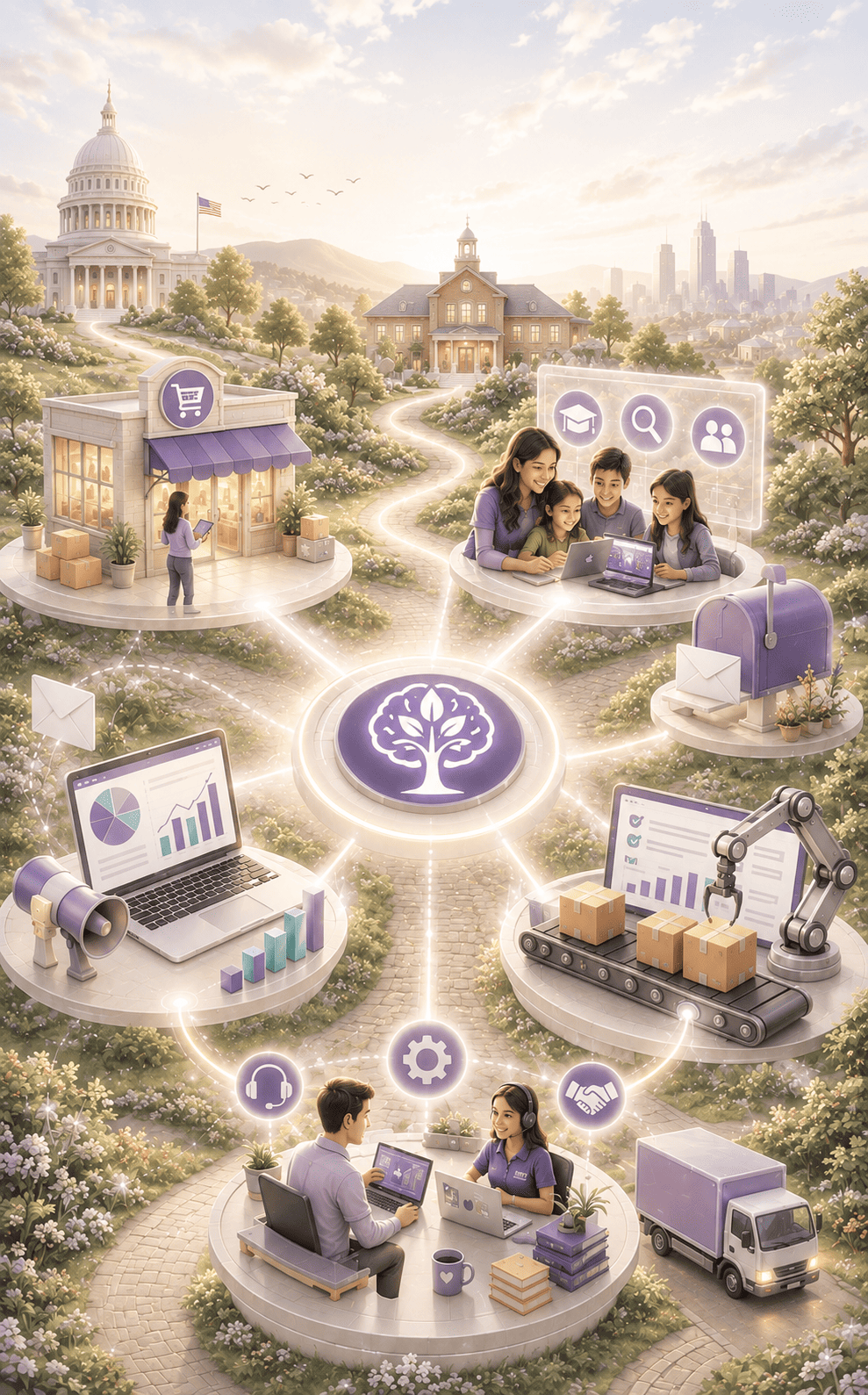 Curious Mind ecosystem connecting vendor storefronts, marketing, orders, fulfillment, analytics, and technology