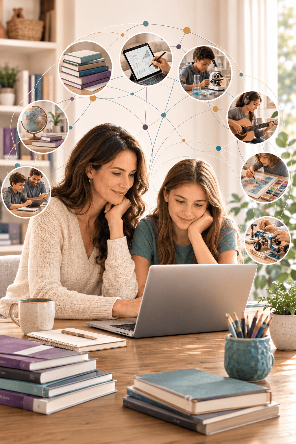 A family exploring personalized educational products and learning opportunities through the Curious Mind Marketplace